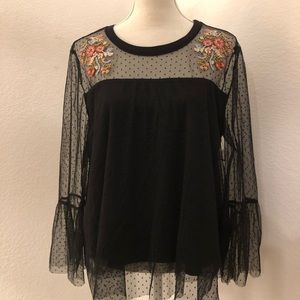 Cute black sheer embroidered blouse size XL